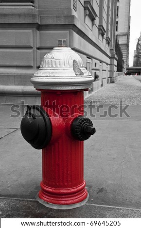 Fire hydrant in the street of New York City. B/W picture with red hydrant.