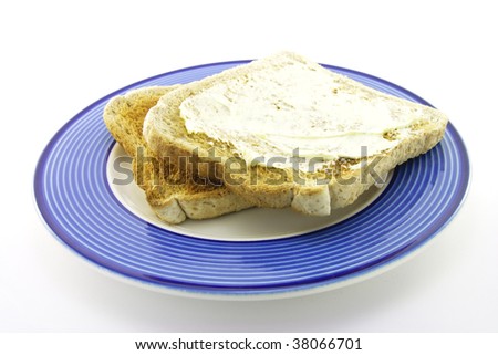 Slices of lightly browned toast on a blue plate with a white background