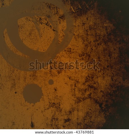 Grunge brown dirty looking background with two coffee ring stains and copy space