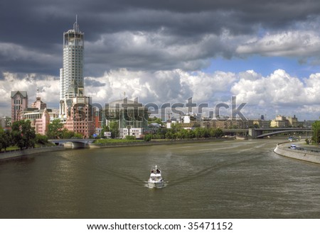 View on Moscow river from Novospasky bridge. Moscow City, Russia.