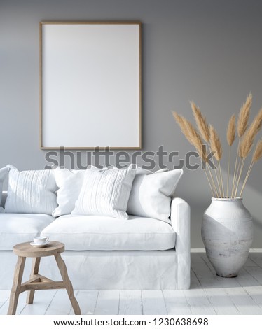 Mock up poster frame in home interior background, Bohemian style living room, 3D render