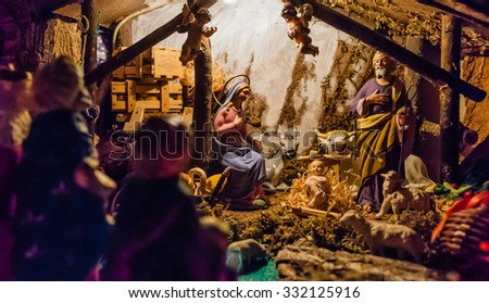 Birth of Jesus in the manger in a typical italian \