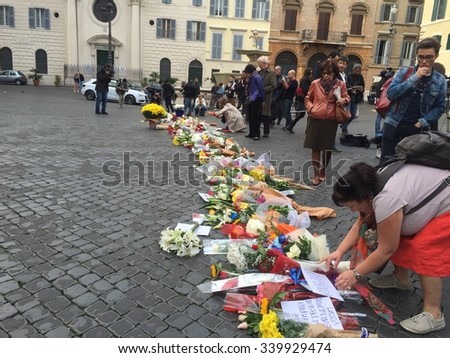 Piazza Farnese, Rome, Italy, Saturday 14 november 2015:  Flowers left in front of the french embassy in Rome in memory of the victims of terrorist attacks in Paris