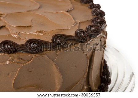 Homemade Chocolate Cake on clear platter