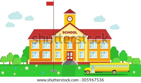 Classical school building and school bus isolated on white backgroun