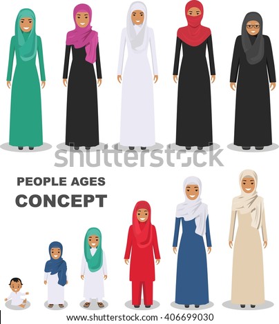 Arab people generations at different ages isolated on white background. Arab woman aging: baby, child, teenager, young, adult, old people. All age group of arab woman family. Generations woman.