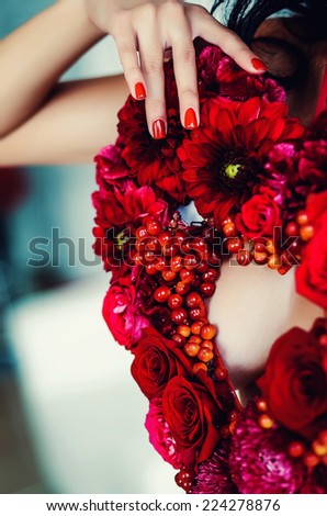 floral bouquet in the shape of heart. Red Flowers Heart Over White. Valentine. Love