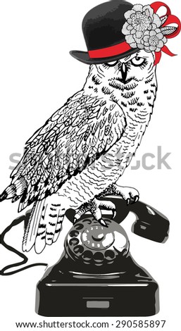 Vector owl on a telephone in a hat with a flower. White, black, red. Drawing hands.