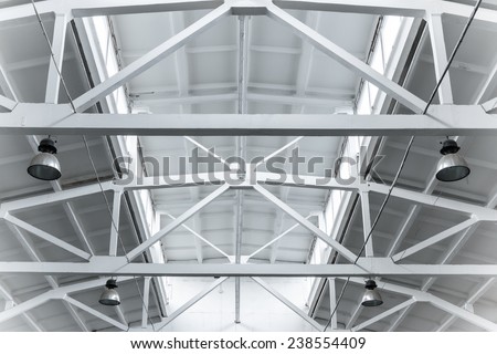 Factory ceiling with lamps and windows