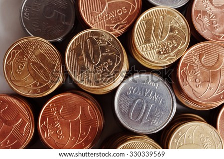 Brazilian coins background. Real coins and cent coins