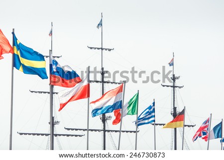 Flags of Sweden, Slovakia, Poland, Netherlands, Ireland, Greece, Germany, United Kingdom and France under wind