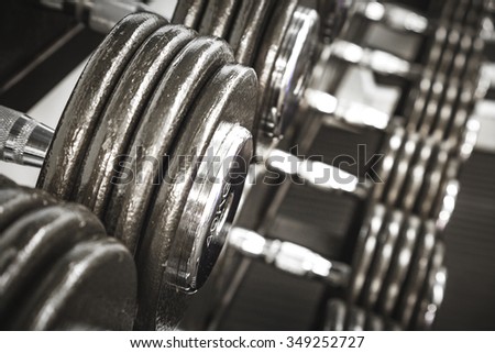 Weights in a Gym.\
Gym interior close up, machinery and weightlifting equipment.
