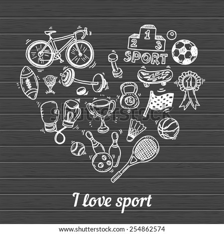 I love sport, hand drawn doodle set