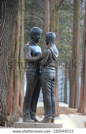 Famous Statue of Bae Yong-Joon and Choi Ji-Woo from Korean Television Drama Series Winter Sonata on Nami Island, South Korea