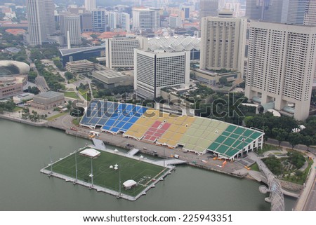 Singapore - April 7, 2013: Sky view of the Float at Marina Bay, the world\'s largest floating stage in Singapore on April 7, 2013. It is the venue for events, such as sports, concerts and exhibitions.
