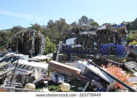 Los Angeles, California, USA - March 12, 2015: Airplane Crash Scene from War of the Worlds movie is shown in studio tour at Universal Studios Hollywood.
