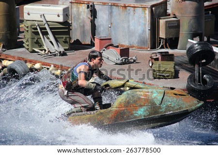 Los Angeles, California, USA - March 12, 2015: Water Stunt Show called Waterworld: A Live Sea War Spectacular at Universal Studios Hollywood