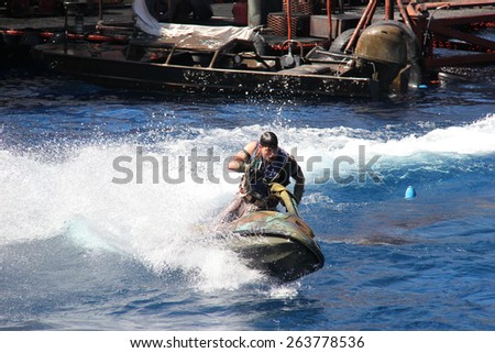 Los Angeles, California, USA - March 12, 2015: Water Stunt Show called Waterworld: A Live Sea War Spectacular at Universal Studios Hollywood