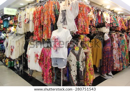 Bangkok, Thailand - April 16, 2015: Many clothes are displayed for customers to chose at Platinum Fashion Mall, a shopping mall specializing in fashion clothes and accessories in Bangkok, Thailand.