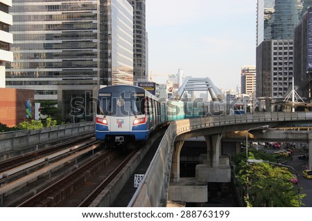 Bangkok, Thailand - April 28, 2015: The Bangkok Mass Transit System , known as BTS or Skytrain, is an elevated rapid transit system in Bangkok. The system consists of 34 stations along two lines.