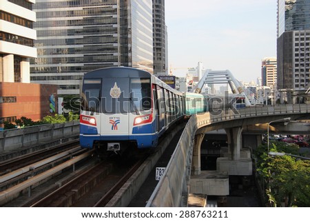 Bangkok, Thailand - April 28, 2015: The Bangkok Mass Transit System , known as BTS or Skytrain, is an elevated rapid transit system in Bangkok. The system consists of 34 stations along two lines.
