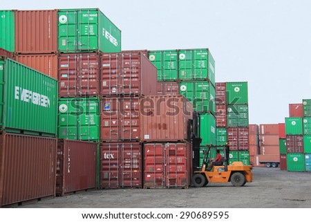 Bangkok, Thailand - April 30, 2015: Bangkok Port is an international port located on the Chao Phraya River in Bangkok. It is primarily a cargo port of Thailand.