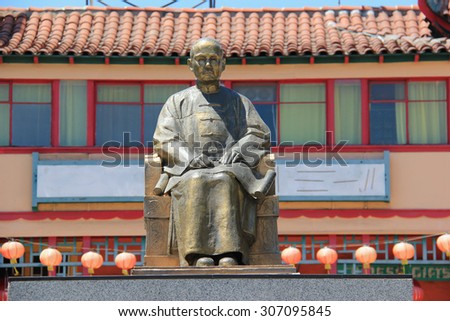Los Angeles, California, USA - August 14, 2015: Statue of Dr. Sun Yat-Sen, one of the greatest figures in China\'s long history, at New Chinatown, a tourist\'s attraction in downtown Los Angeles.