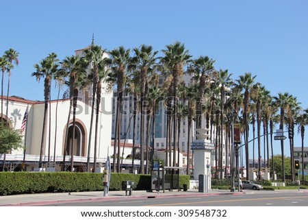 Los Angeles, California, USA - August 14, 2015: Los Angeles Union Station, a major transportation hub for Southern California, is the largest railroad passenger terminal in the Western United States.