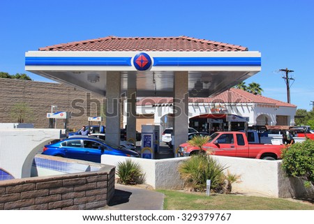 Palm Desert, California, USA - October 8, 2015: ARCO, an American oil company, is known for its low-priced gasoline due to cost cutting and alternative sources of income.