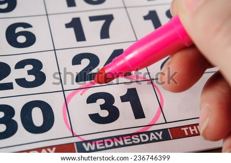 the eve of the new 2015 on the calendar, December 31, 2014 on the circle the pink marker