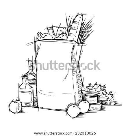 Hand drawn vector illustration - Supermarket shopping bag with healthy food. Grocery store.