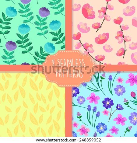 Hand-drawn vector illustration. Patterns set. Cherry blossom seamless flowers pattern, Abstract foliage seamless pattern, Elegant seamless pattern with blue flowers, Seamless pattern with flowers