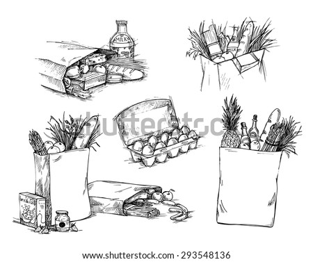 Hand drawn vector illustration -  Shopping bag with healthy food. Grocery store. Supermarket.