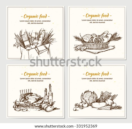 Hand drawn vector illustrations - Supermarket shopping baskets with organic food. Grocery store.