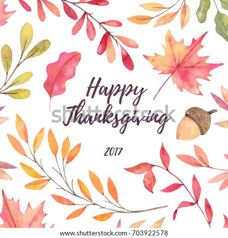 Hand drawn watercolor illustration. Background with Fall leaves. Happy Thanksgiving 2017! Pattern with Forest design elements. Perfect for invitations, greeting cards, blogs, prints and more