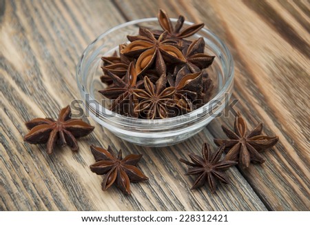 Star anise on plate on a wooden background
