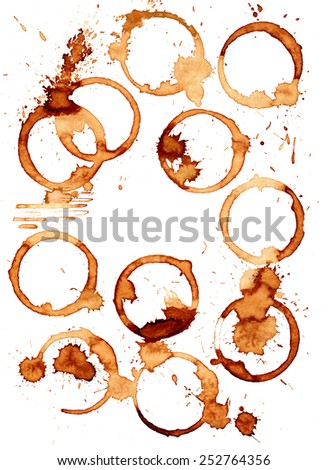 Coffee stain on a white background.Coffee cup rings on a white background with space for text