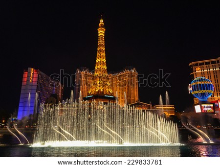 LAS VEGAS, NV/USA - DEC 31, 2013: The Fountains of Bellagio is one of the most breathtaking attractions on the Las Vegas Strip. It's gorgeous, dancing with music, and best of all, free.