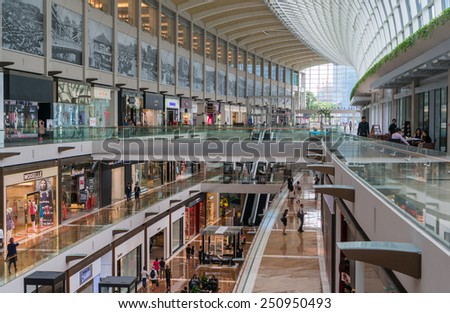 SINGAPORE, SINGAPORE - JANUARY 21: Interior of the Shoppes at Marina Bay Sands on JAN 21, 2015 in Singapore. It is located at the Marina Bay Sands, an integrated resort fronting Marina Bay, Singapore.
