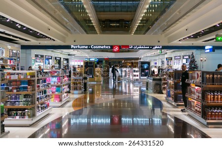 DUBAI, UAE - DEC 31: Glorious duty free shopping area in Dubai International Airport on Dec 31, 2014. Dubai International is the world\'s busiest airport in terms of international passenger traffic.