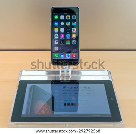 PALO ALTO, CA/USA - JUNE 28: Apple iPhone 6 on display in Apple store on June 28, 2015 in Palo Alto, CA, USA. It is the latest smartphone manufactured by Apple Inc.