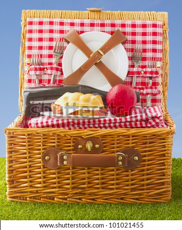 Wooden basket for picnic with sandwich, wine and apple over a grass field