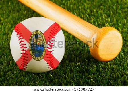 Baseball with Florida flag and bat over a background of green grass