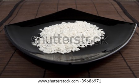 Close up of white rice over a black plate