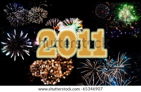 Multicolor fireworks celebrating New Year 2011, written in golden