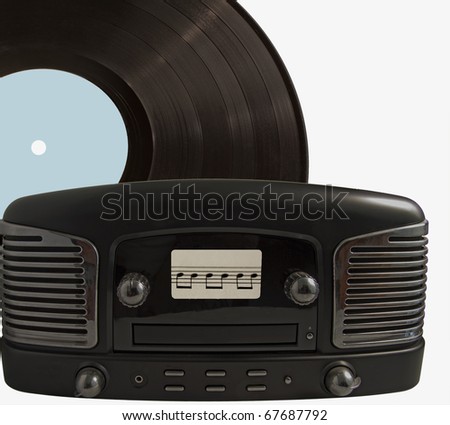 An old black turntable, with musical notes on screen and a record on the background