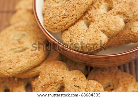 Closeup of biscuits in and out of a cup