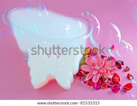 Little bath with foam, bubbles, pot pourri and sponge in shape of butterfly, over pink background