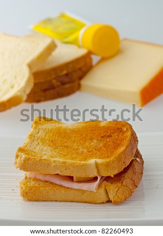 Toast stuffed over a white plate, with bread, mayonese and cheese on the back