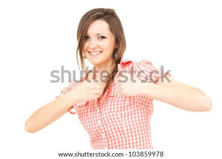 smiling teenage girl with thumbs up, white background